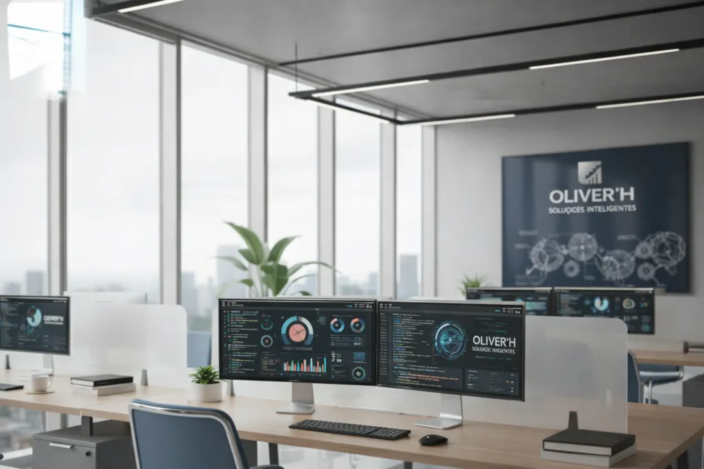 Visão ilustrativa de soluções com planilhas inteligentes, dashboards e automação de processos